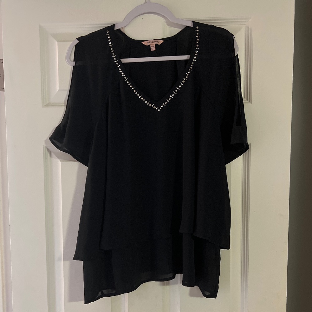 Black rhinestone blouse with peakaboo sleeve